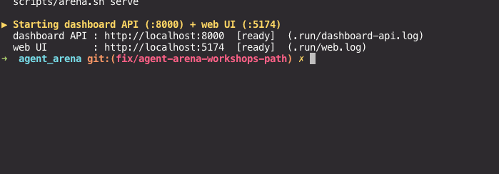Terminal output showing the Agent Arena dashboard API ready on port 8000 and web UI ready on port 5174