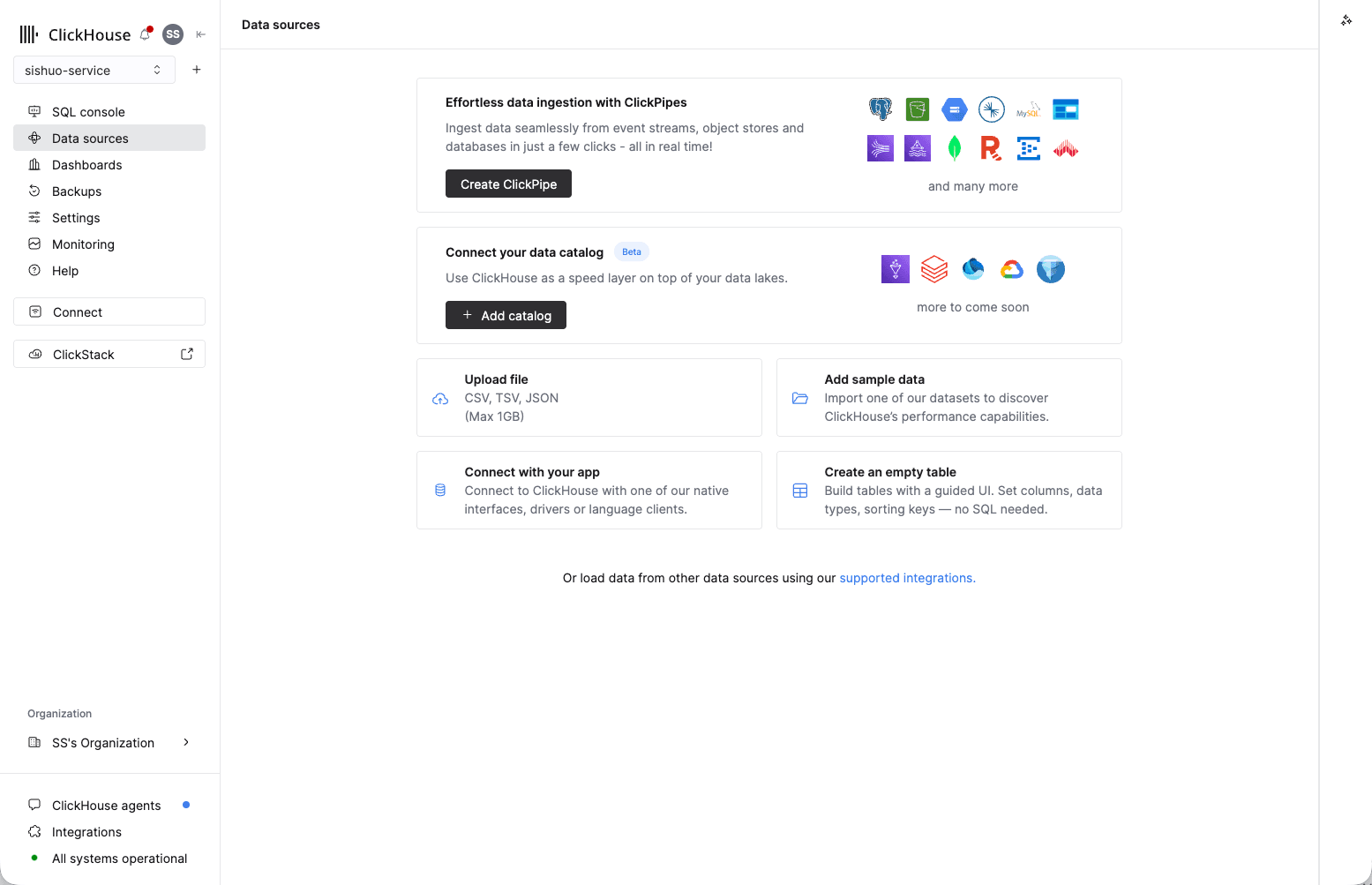 ClickHouse Cloud Data sources page with the Create ClickPipe button highlighted