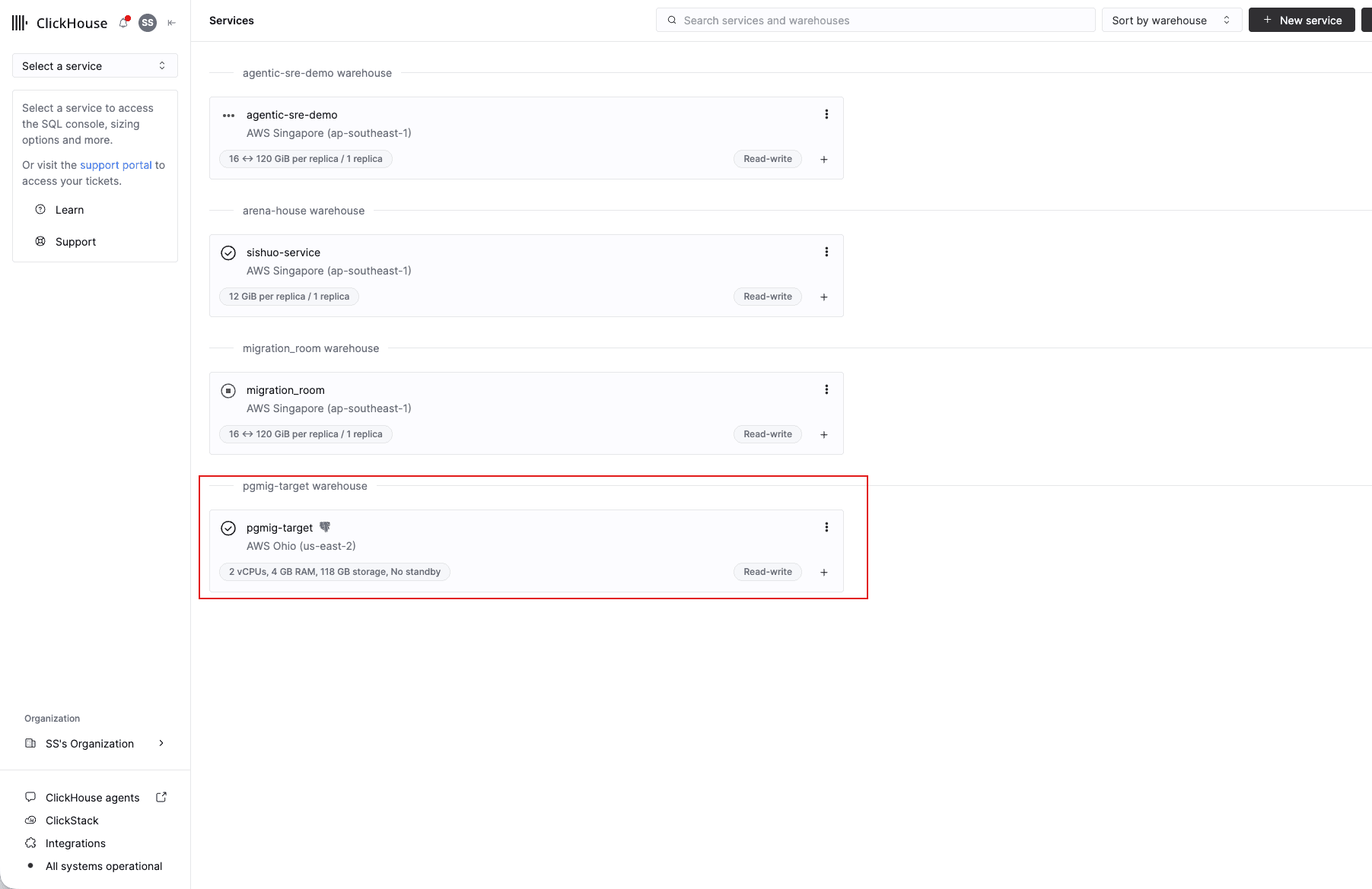 The ClickHouse Cloud services list with the pgmig-target Managed Postgres service highlighted, showing it in AWS Ohio us-east-2 while the other services are in ap-southeast-1
