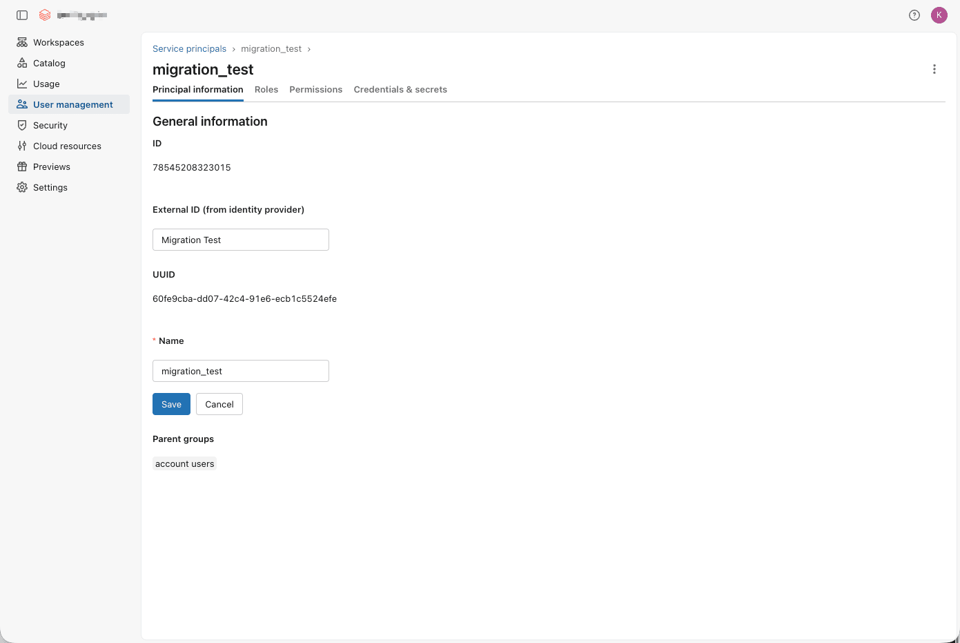 Databricks account console showing the new service principal's numeric ID, UUID, Roles tab, and Credentials & secrets tab
