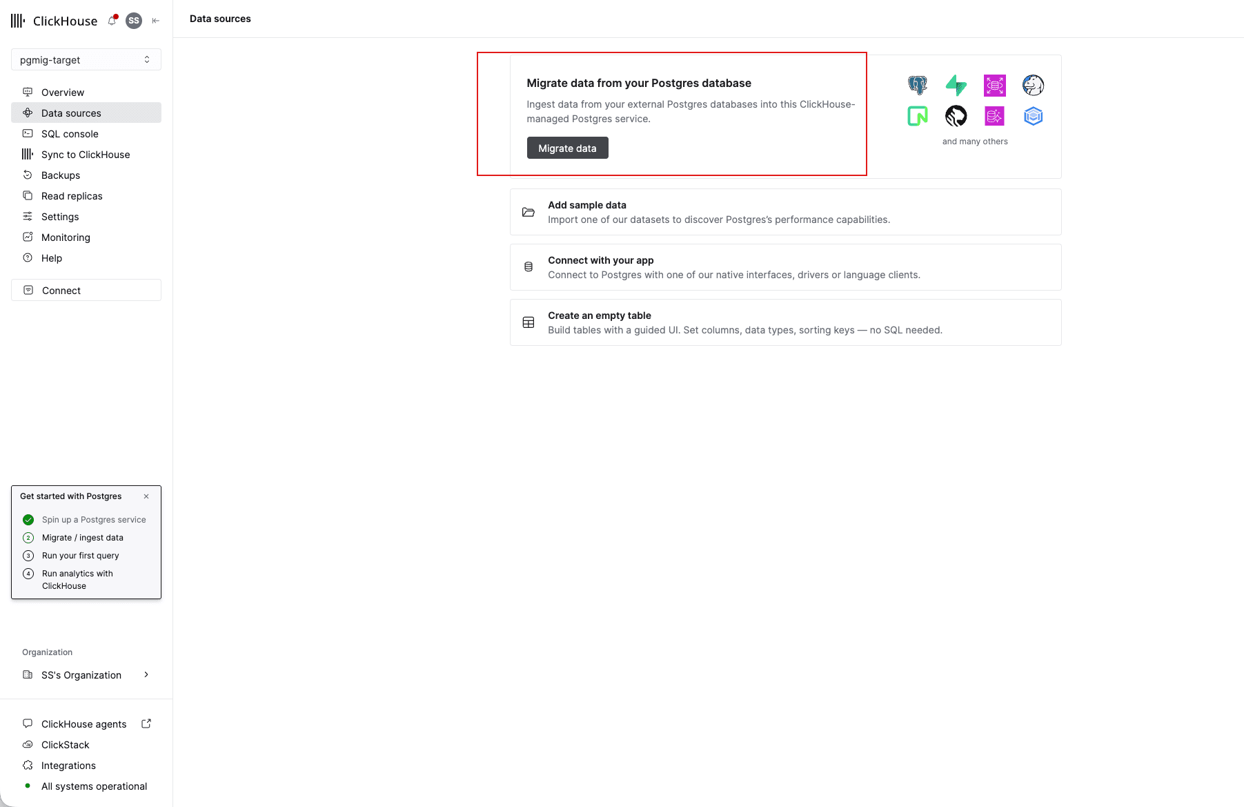 The Data sources page of the Managed Postgres service, with the Migrate data from your Postgres database panel and its Migrate data button highlighted