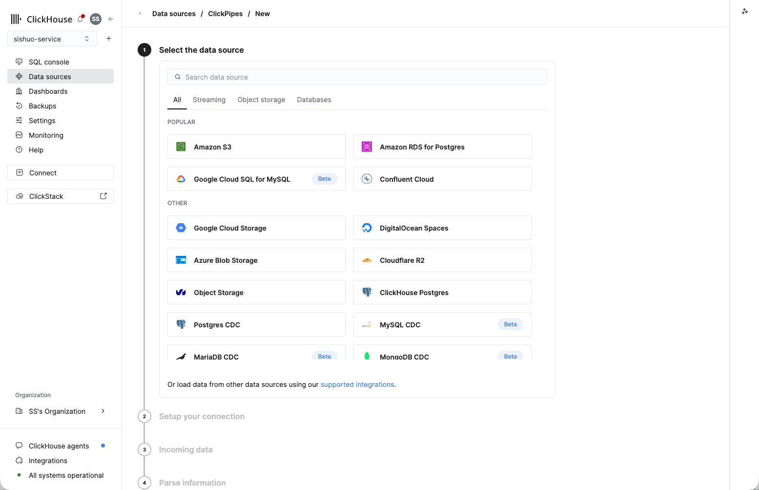 Select the data source step showing Amazon S3 as the first popular option