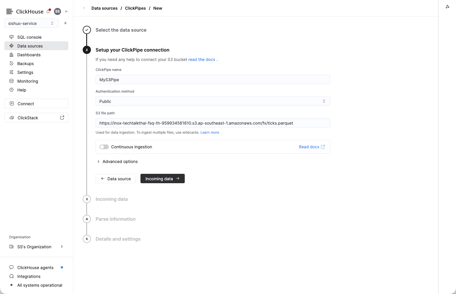 Setup your ClickPipe connection: name, Authentication method set to Public, and the S3 file path filled in
