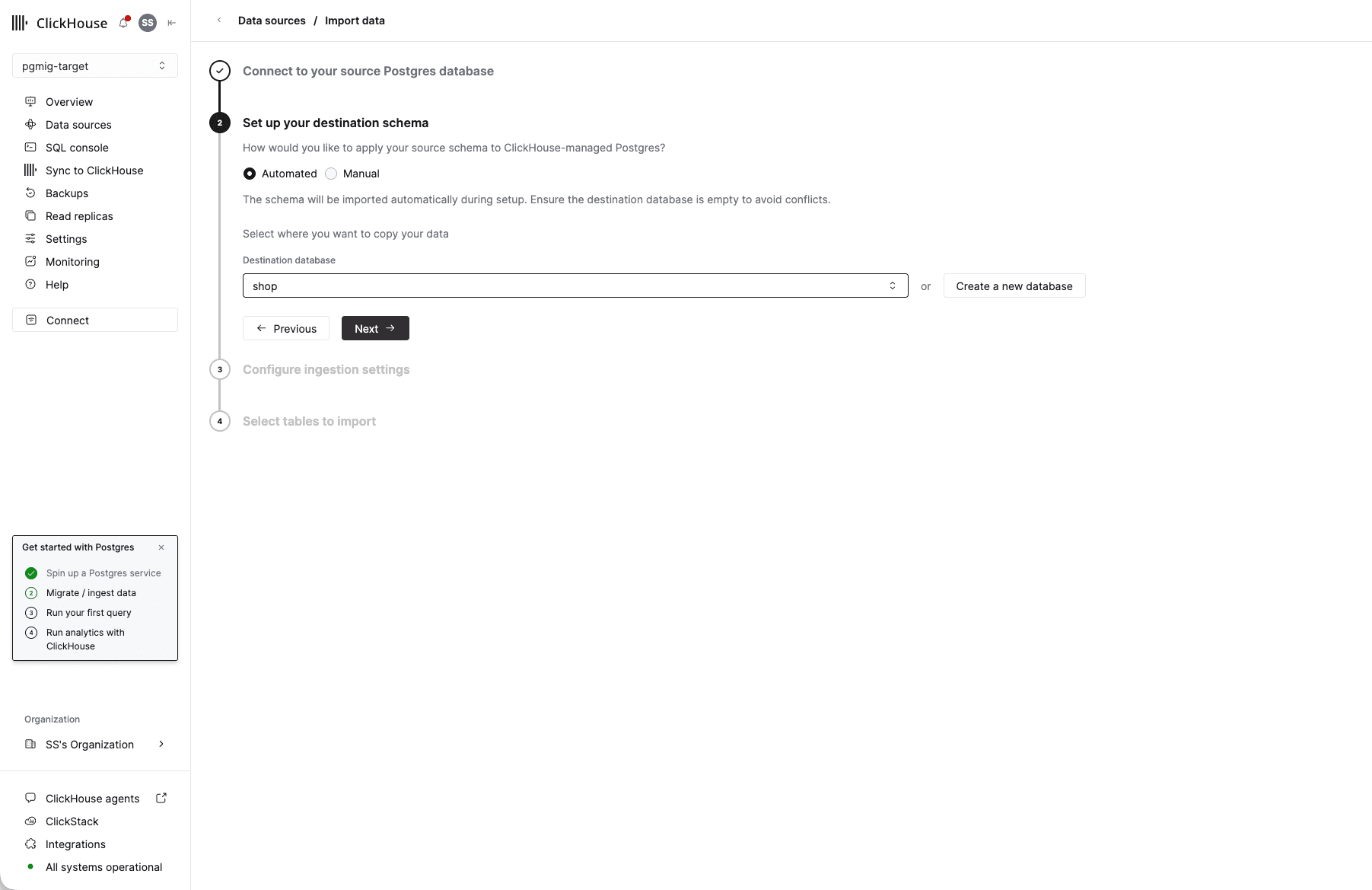 The second wizard step, Set up your destination schema, with Automated selected and shop chosen as the destination database