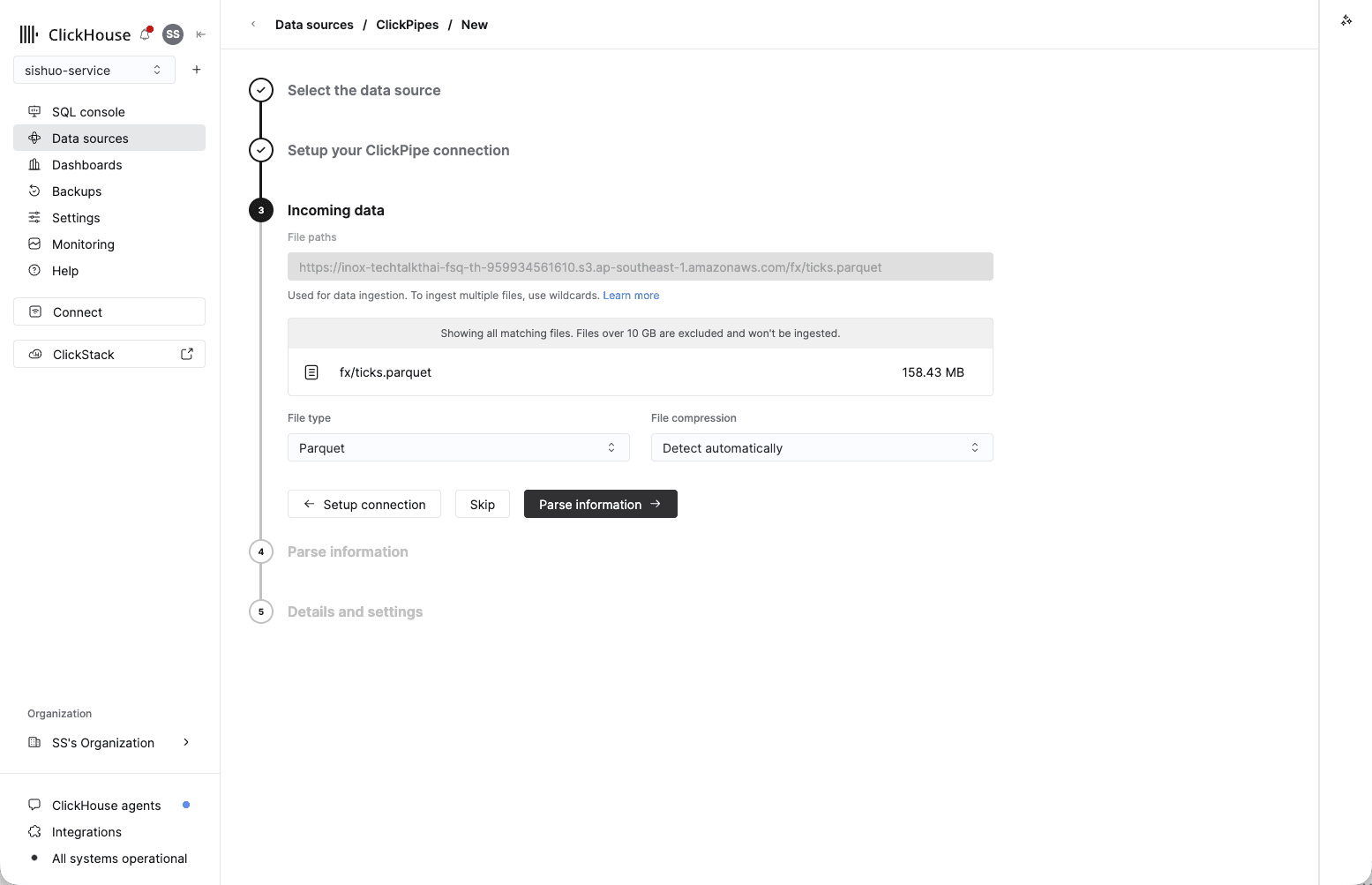 Incoming data step previewing fx/ticks.parquet at 158.43 MB with File type set to Parquet