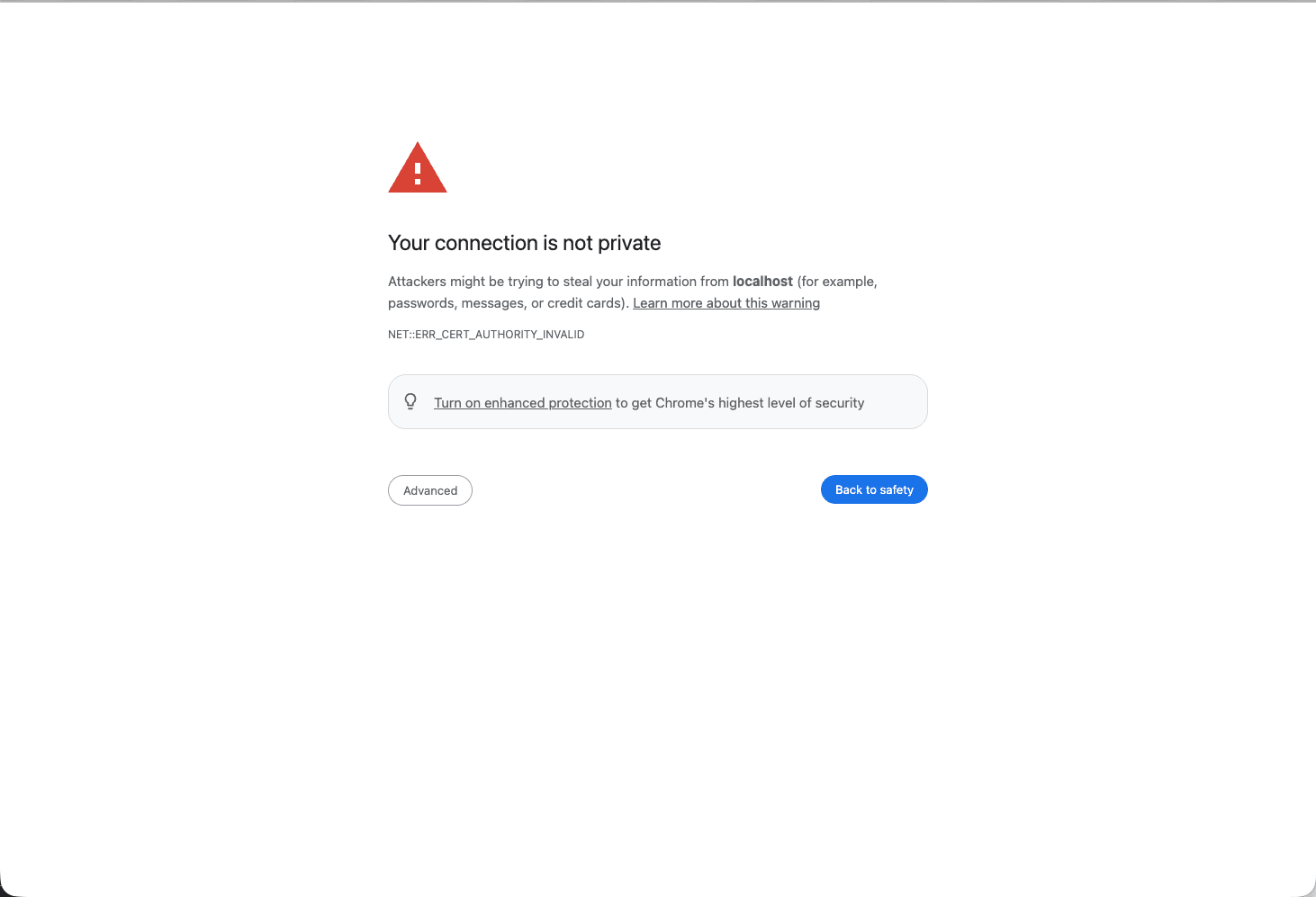 Chrome warning that the self-signed HTTPS certificate for localhost is not trusted