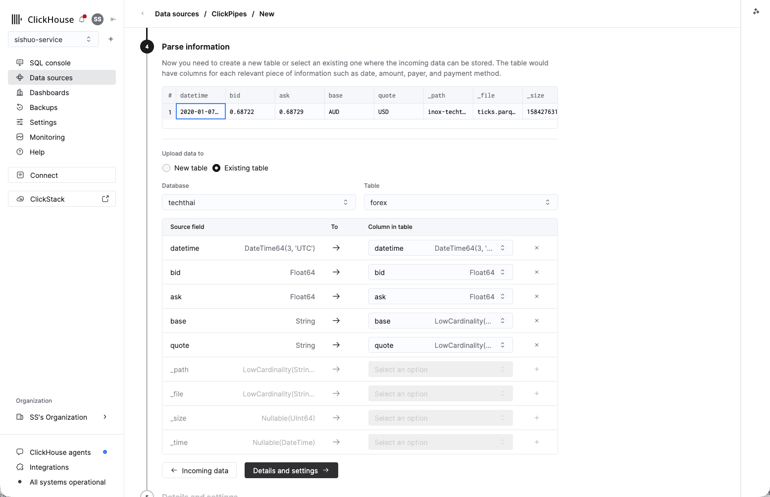 Parse information step: Upload data to Existing table, database and forex table selected, source fields mapped to columns
