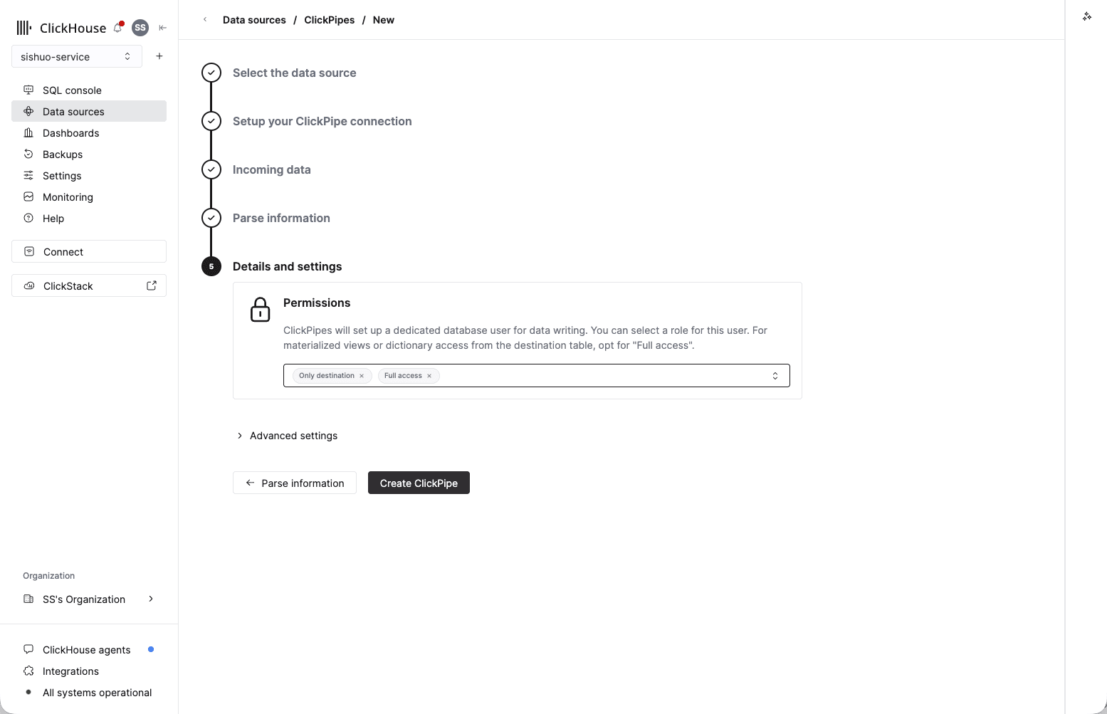 Details and settings step showing Permissions and the Create ClickPipe button