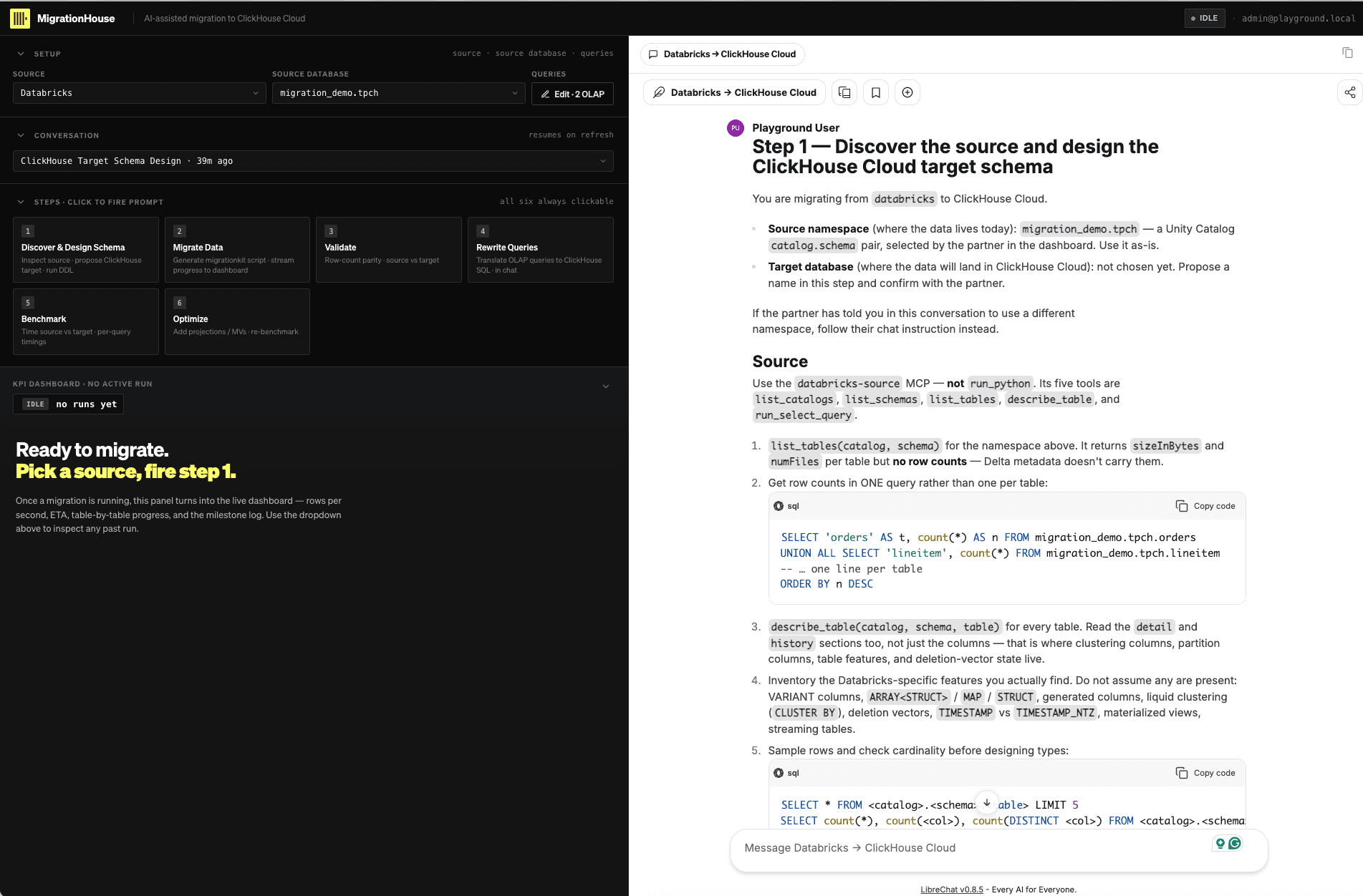 MigrationRoom after Discover and Design Schema is clicked, with the Step 1 source-discovery and target-design prompt in chat