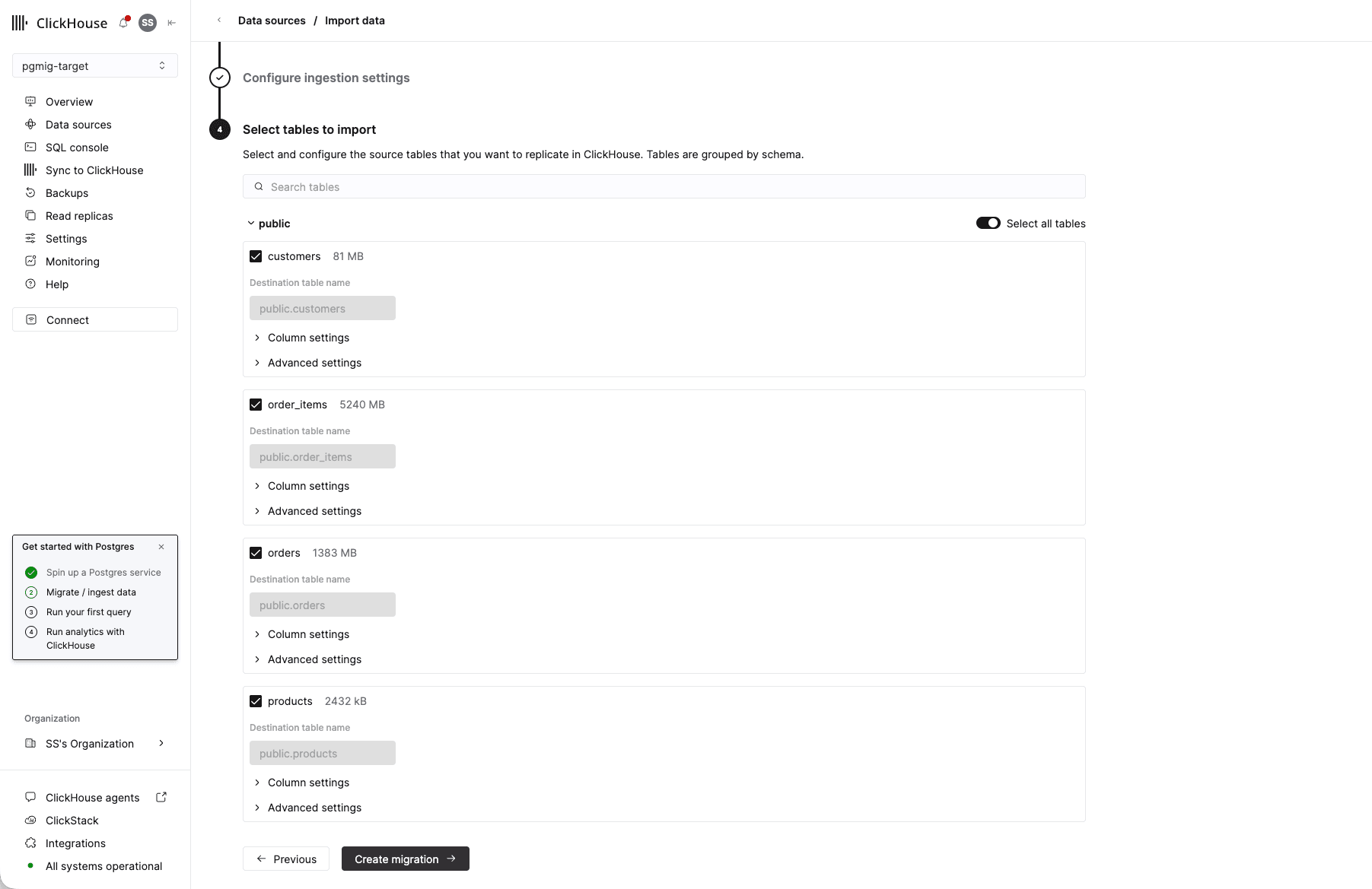 The fourth wizard step, Select tables to import, with customers, order_items, orders and products each checked and their sizes shown, and the Create migration button at the bottom