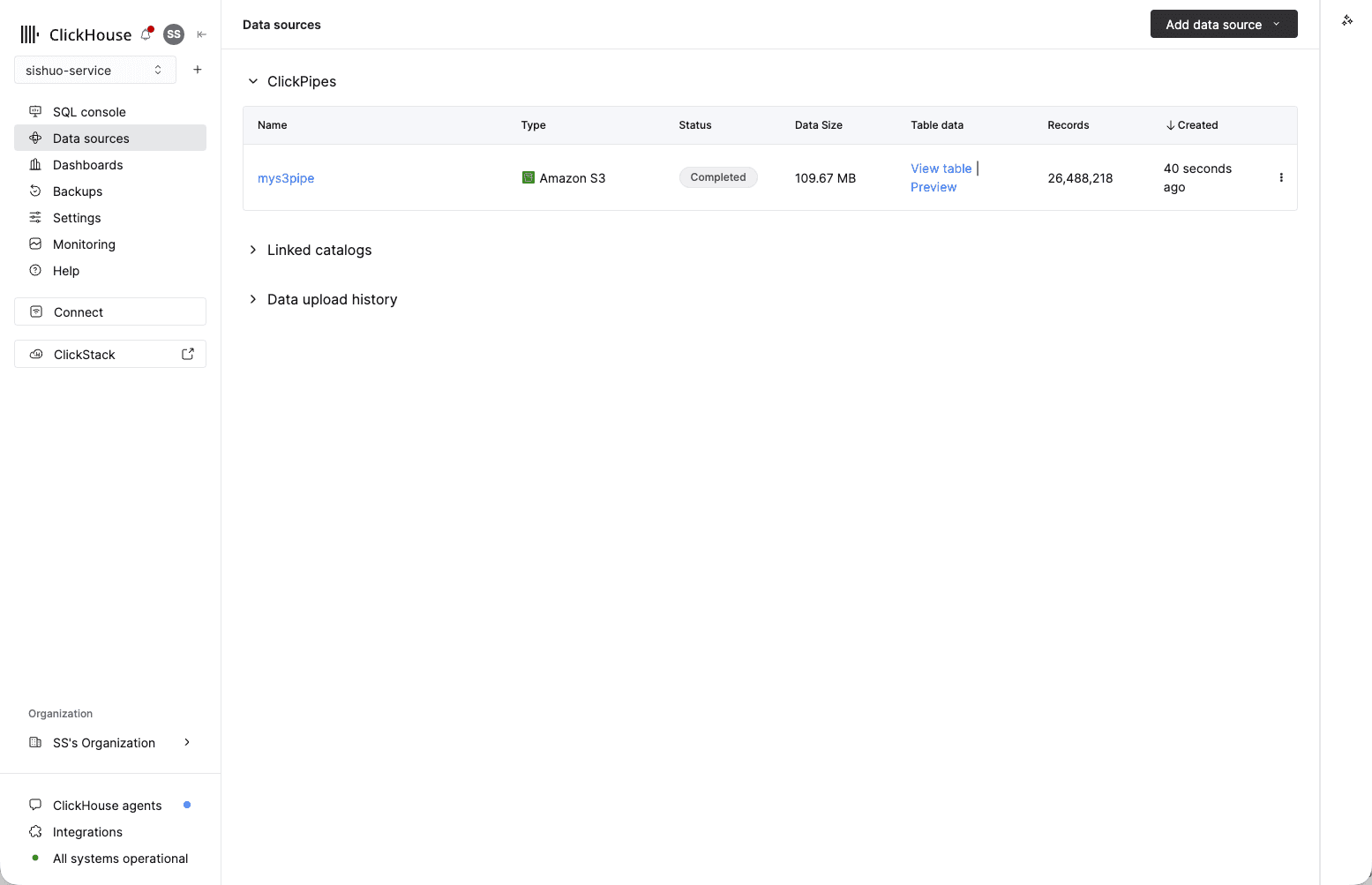 Data sources list showing the ClickPipe with status Completed and 26,488,218 records