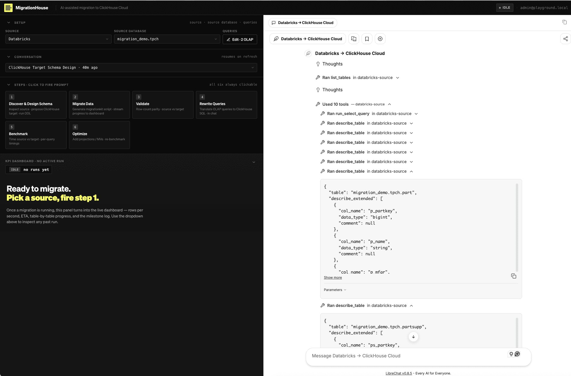 MigrationRoom chat showing list_tables, run_select_query, and repeated describe_table calls against the Databricks source MCP