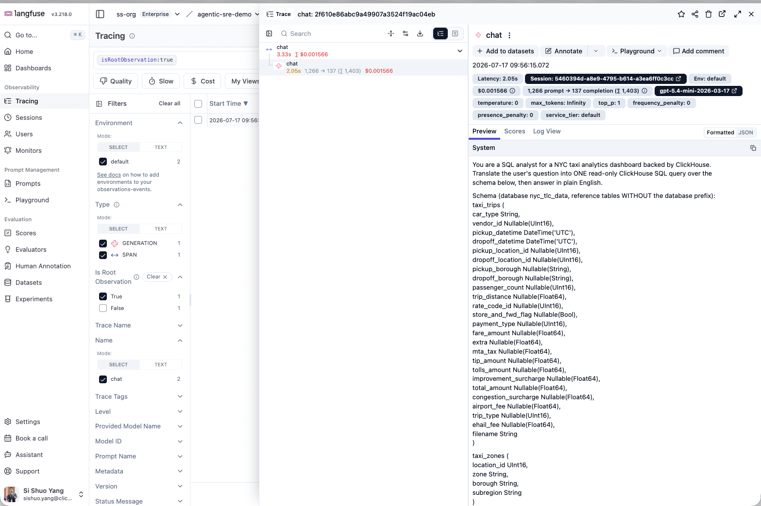A Langfuse chat trace showing the model call, latency, tokens, cost, prompt, and output