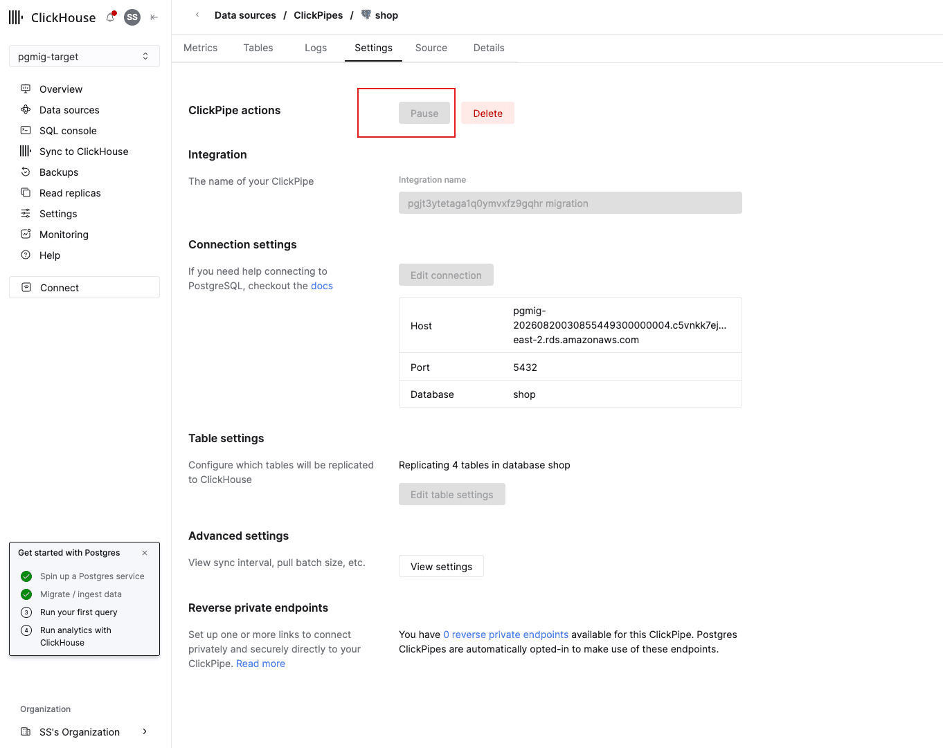The pipe's Settings tab, with Pause and Delete highlighted under ClickPipe actions, above the connection settings showing the RDS host, port 5432 and database shop