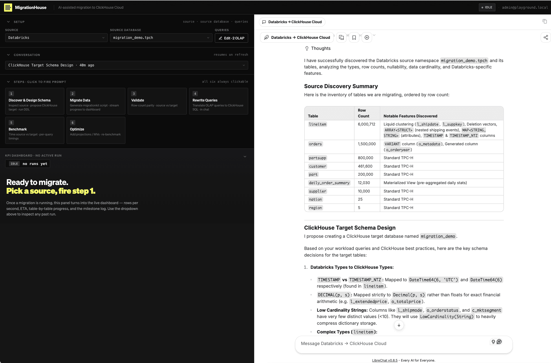MigrationRoom source discovery summary with live row counts, Databricks-specific features, and the beginning of the ClickHouse target schema design