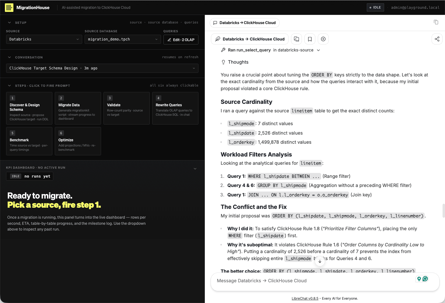MigrationRoom responding to the learner's challenge with lineitem cardinalities, workload-filter analysis, and a revised ClickHouse ORDER BY key