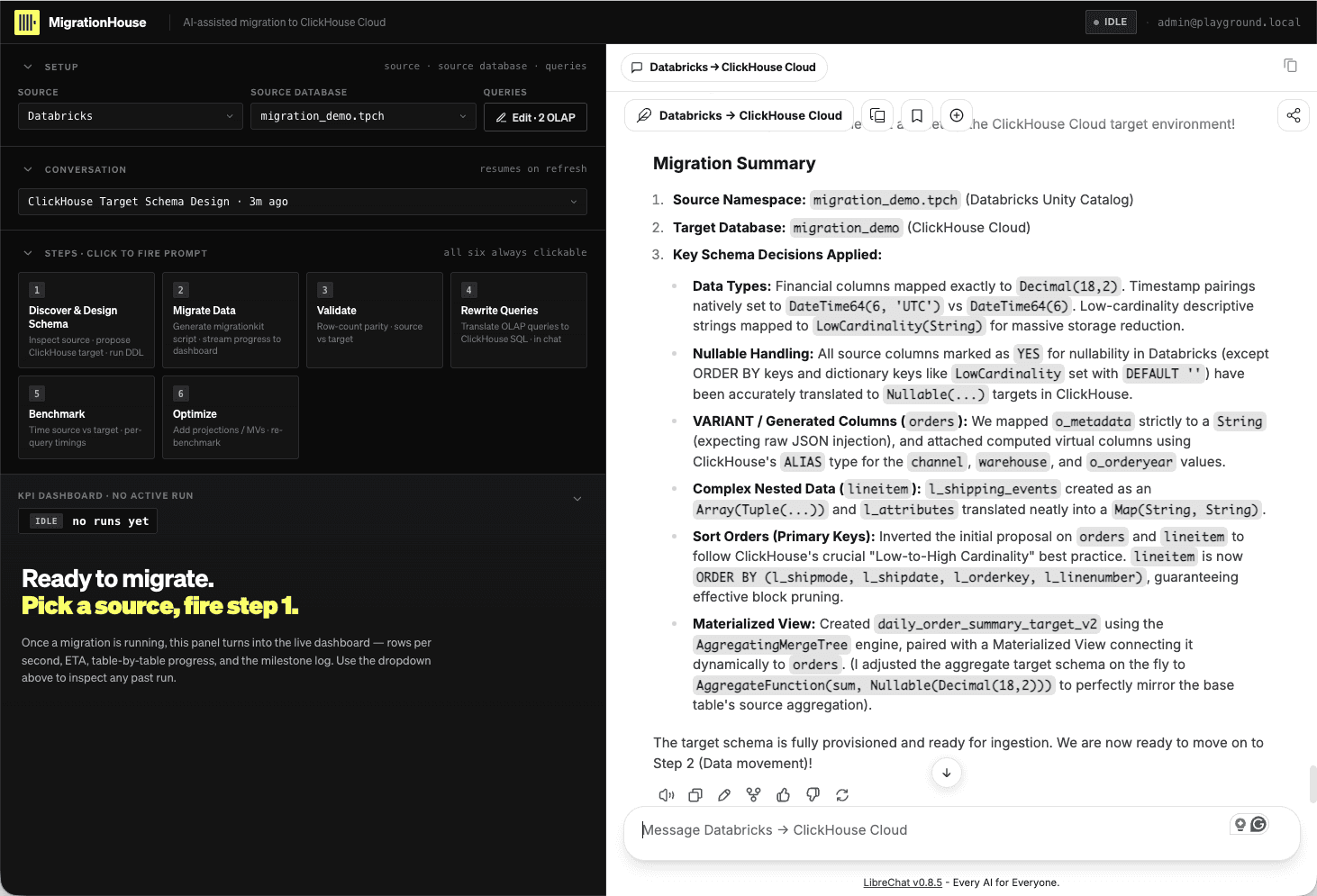 MigrationRoom's approved schema summary showing the Databricks namespace, ClickHouse target database, type mappings, nullable handling, semi-structured data, sort orders, and materialized view