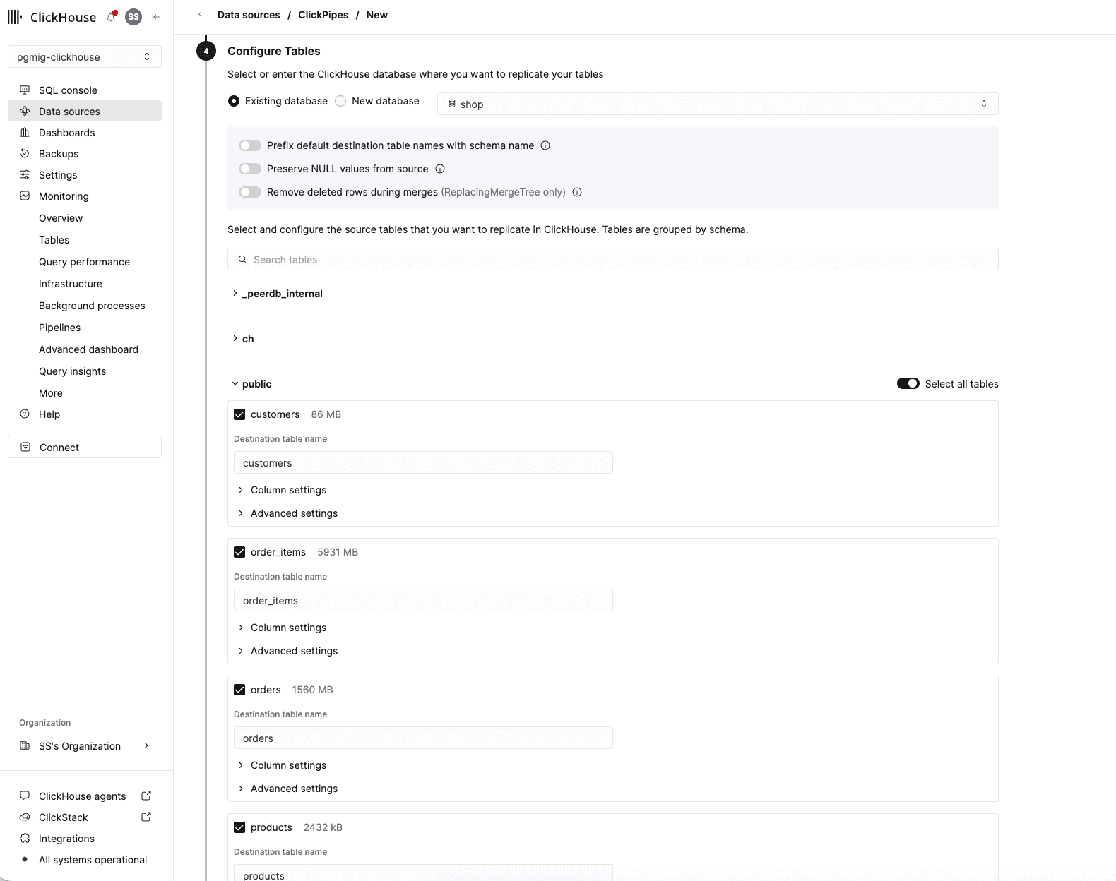 The Configure Tables step with Existing database set to shop, the prefix default destination table names toggle turned off, and all four public tables checked with bare destination names of customers, order_items, orders and products