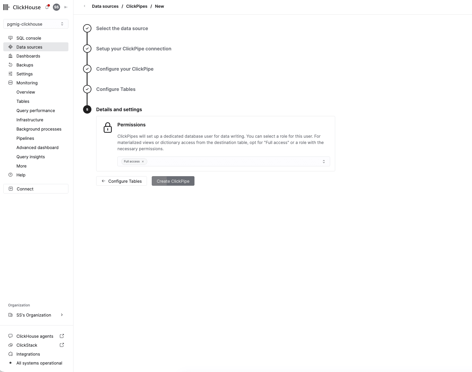 The Details and settings step showing the Permissions panel with Full access selected and the Create ClickPipe button