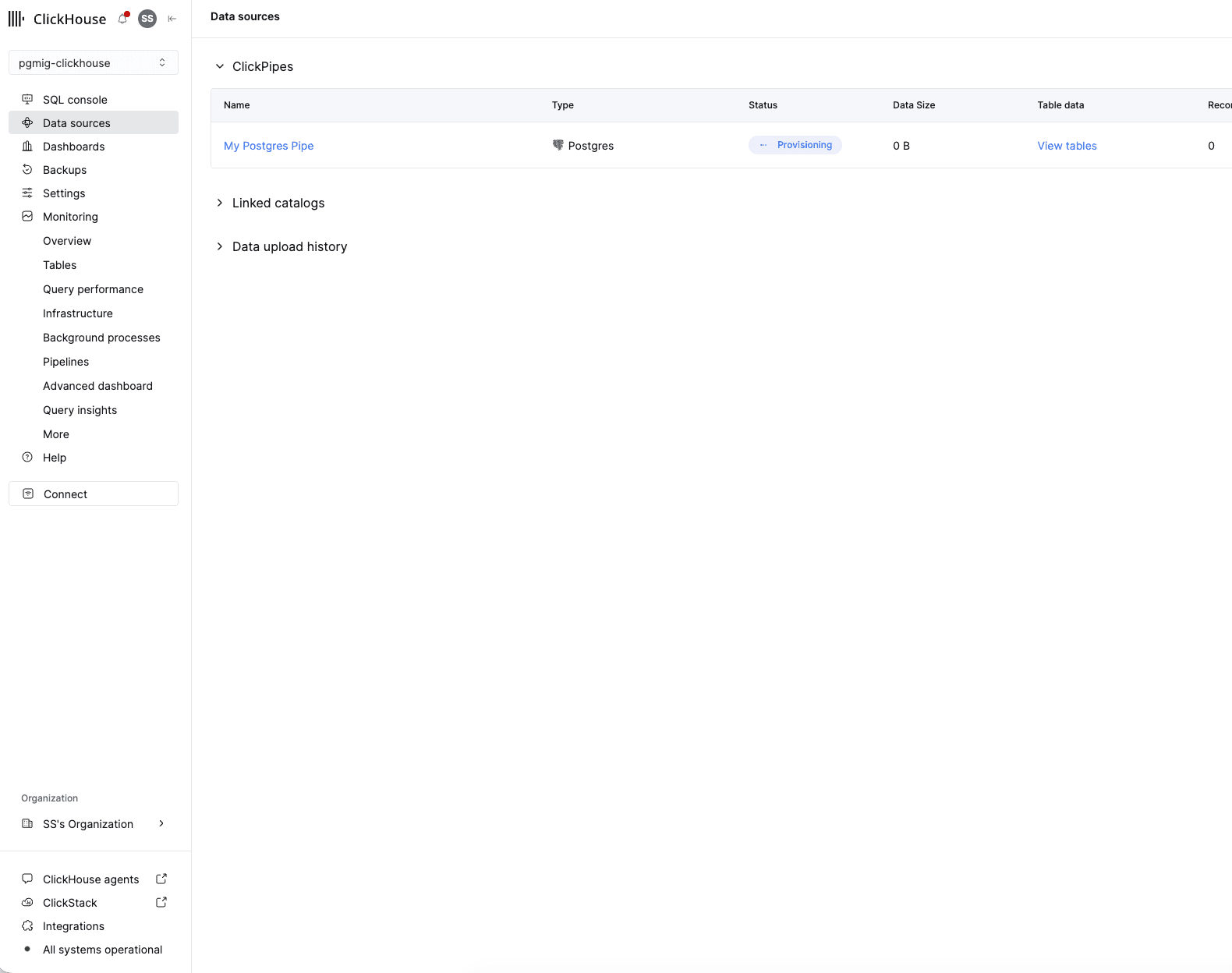 The Data sources page listing the new ClickPipe with type Postgres, status Provisioning, data size 0 B and a View tables link
