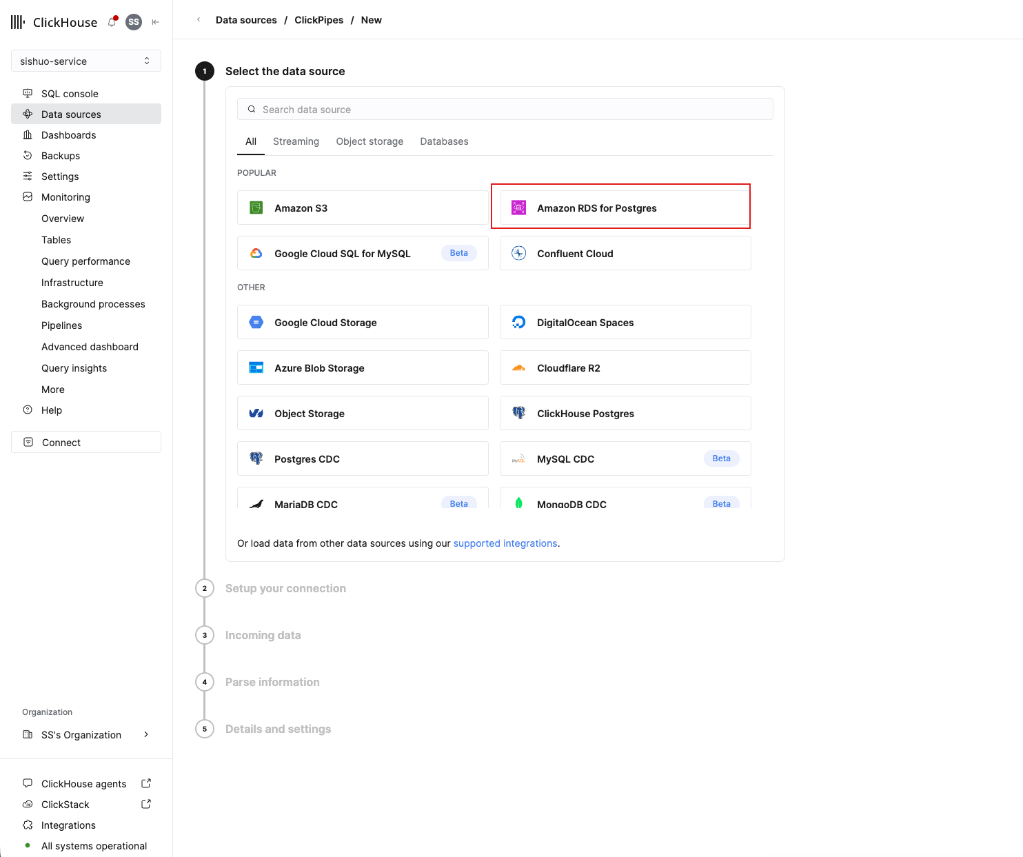 The ClickPipes source picker on a ClickHouse service, with Amazon RDS for Postgres highlighted, which builds a Postgres-to-ClickHouse pipe rather than a migration into Managed Postgres