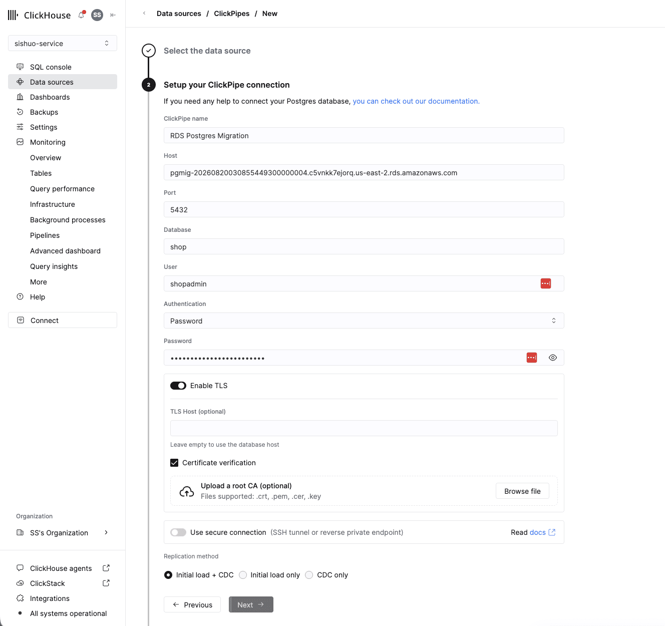 The connection form of that wrong flow, filled in with the RDS endpoint, database shop and user shopadmin, on a service in a different region from the RDS instance
