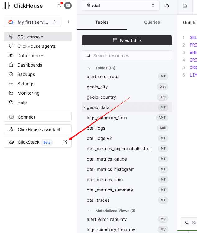 Launch ClickStack from the Cloud console sidebar