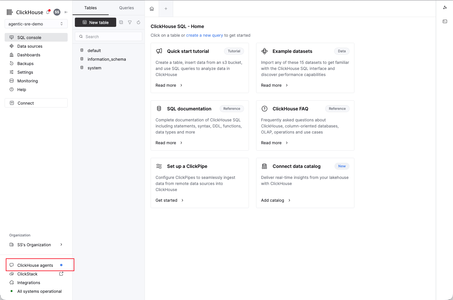 ClickHouse Cloud console with the ClickHouse agents entry highlighted in the left sidebar