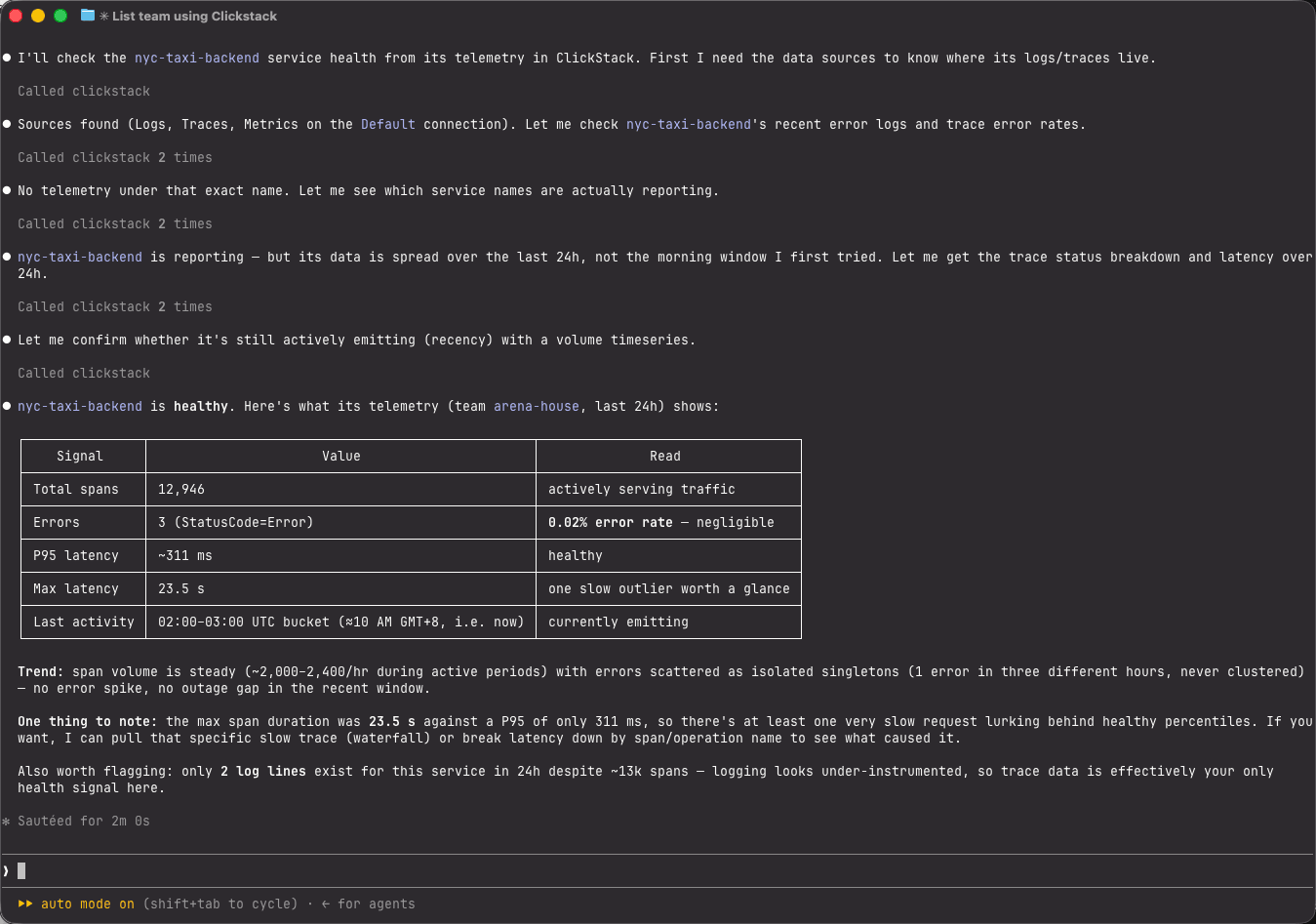 Coding agent calling the ClickStack MCP tools to assess nyc-taxi-backend health, reporting total spans, error rate, p95 and max latency, and last activity in a summary table