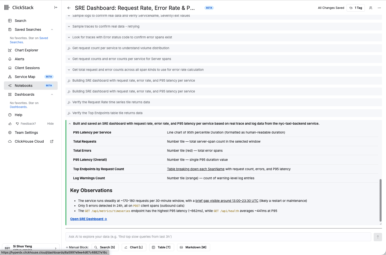 The AI generation view listing its steps (sampling logs and traces, checking error spans, building and verifying tiles) and a summary of the dashboard it built with key observations