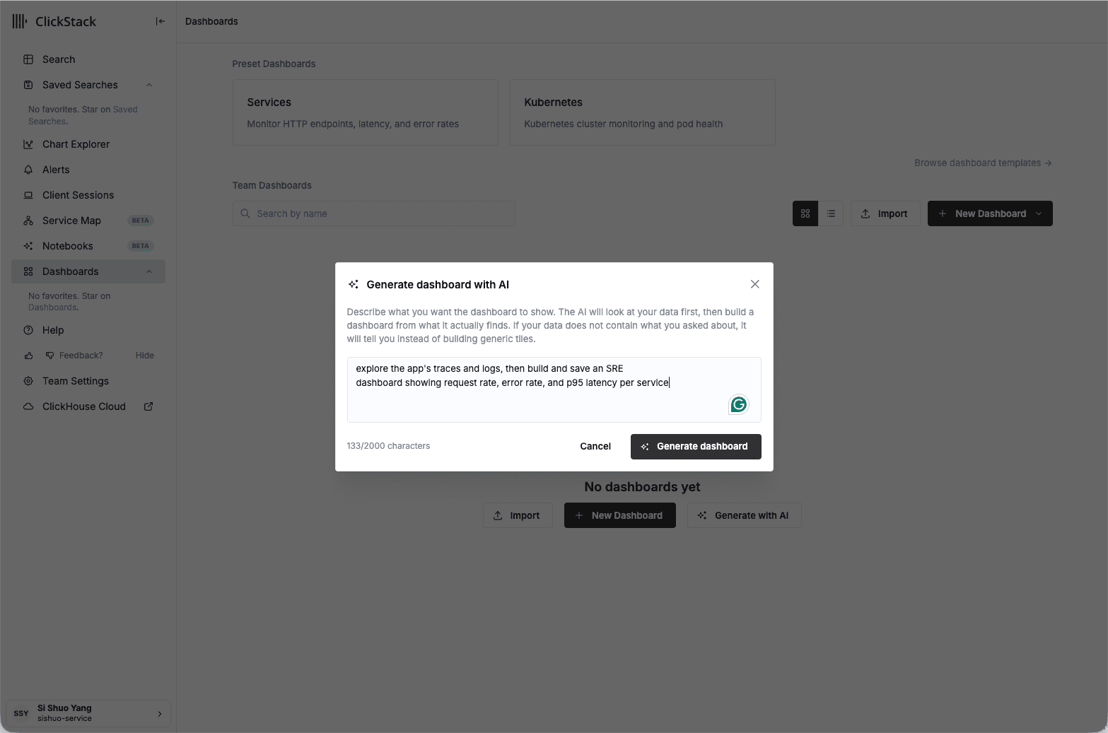 HyperDX Dashboards page with the "Generate dashboard with AI" modal open and the SRE dashboard prompt typed in