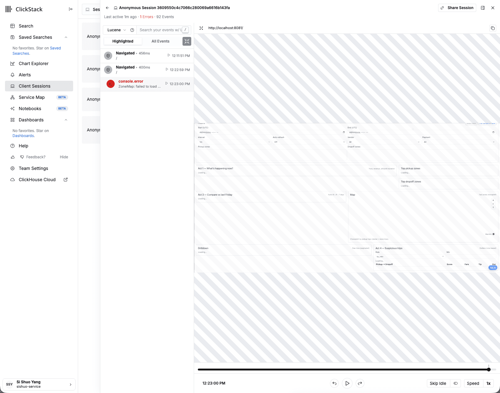 ClickStack Client Sessions showing the frontend error and replay of the empty map
