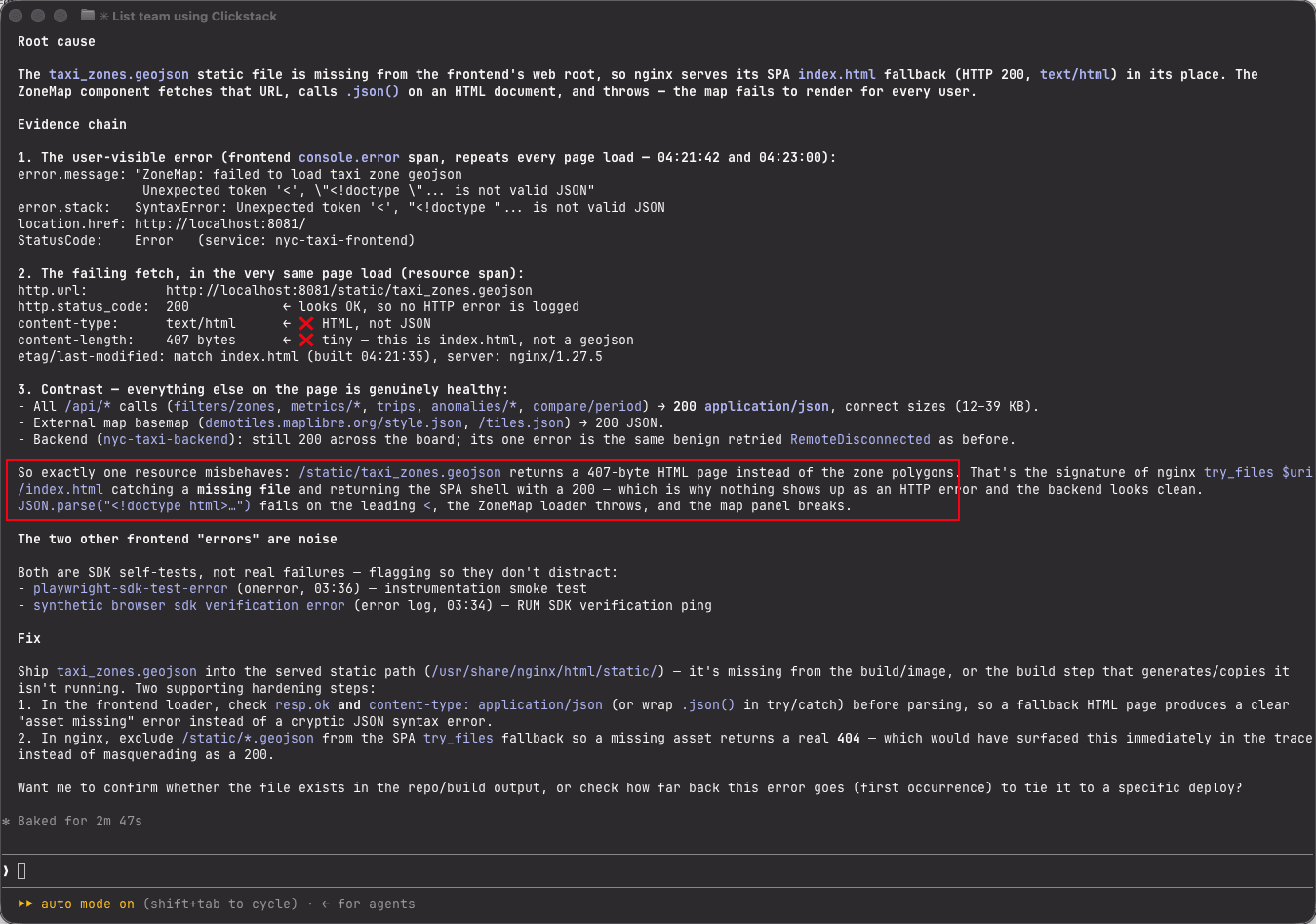 Agent root-cause analysis of fault 01: it names the missing /static/taxi_zones.geojson returning the SPA index.html as 200 text/html, the ZoneMap JSON parse error captured as a nyc-taxi-frontend console.error span, contrasts it against healthy /api and backend spans, flags the SDK self-test errors as noise, and proposes shipping the asset or guarding the parse