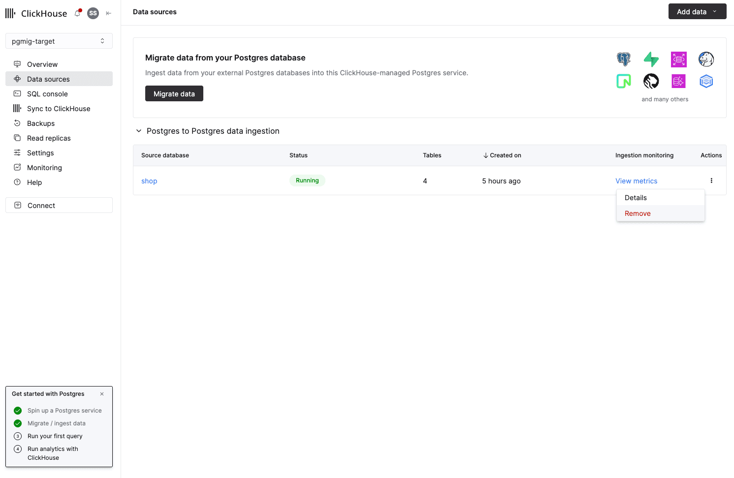 The Data sources page with the Postgres to Postgres ingestion row showing status Running, and its Actions menu open on Details and Remove