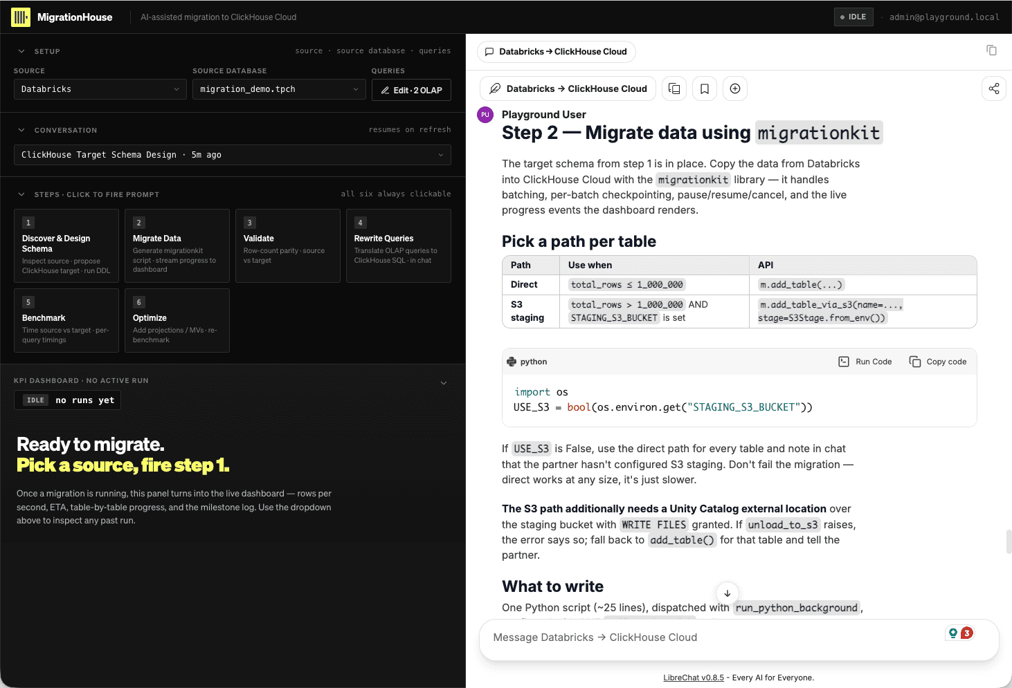 MigrationRoom Step 2 explaining the migrationkit direct and S3-staging paths before dispatching the data migration