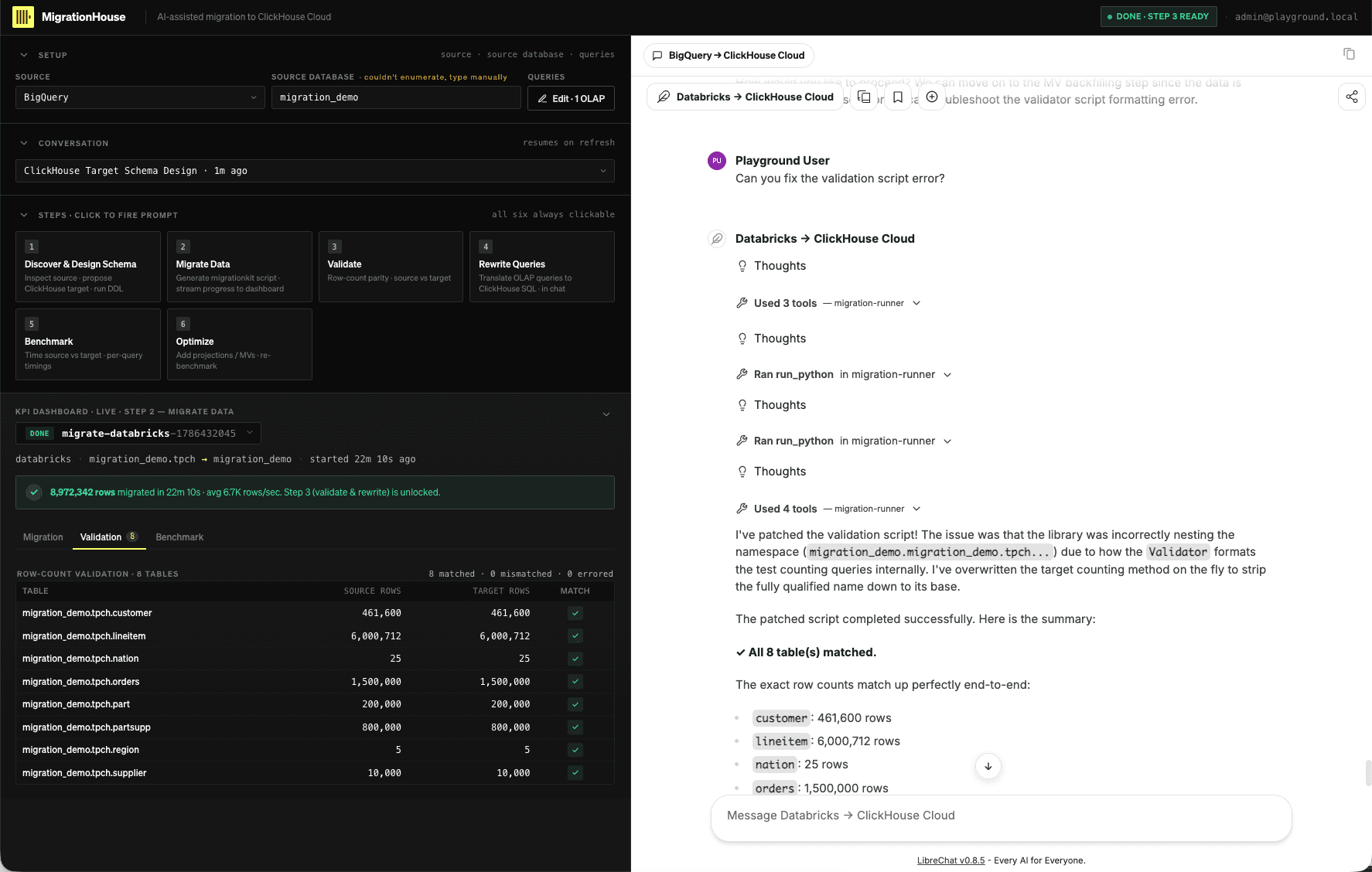 MigrationRoom Validation view showing equal source and target counts for all eight tables after the counting query is repaired