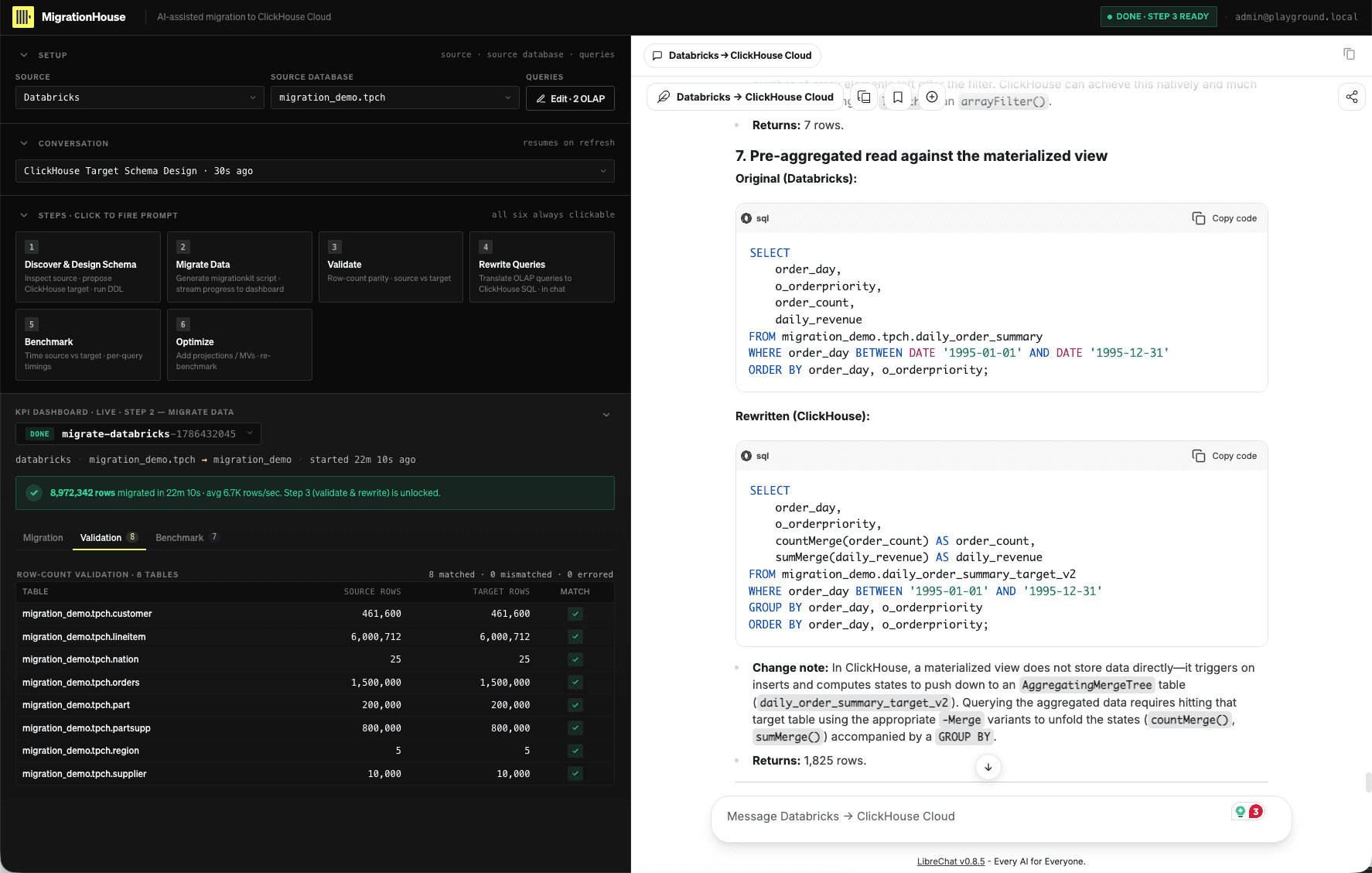 MigrationRoom showing the Databricks materialized-view query, its ClickHouse AggregatingMergeTree rewrite, the semantic change note, and matching returned rows