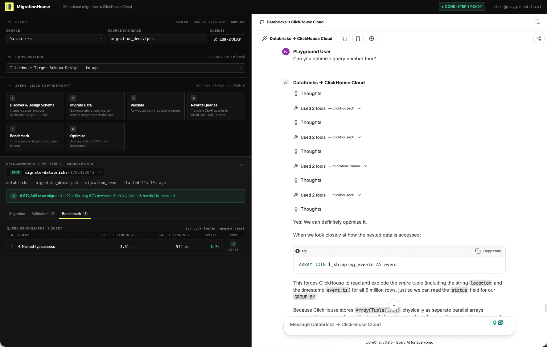 MigrationRoom analyzing Query 4 and identifying that ARRAY JOIN expands the complete shipping-event tuple when only status is required