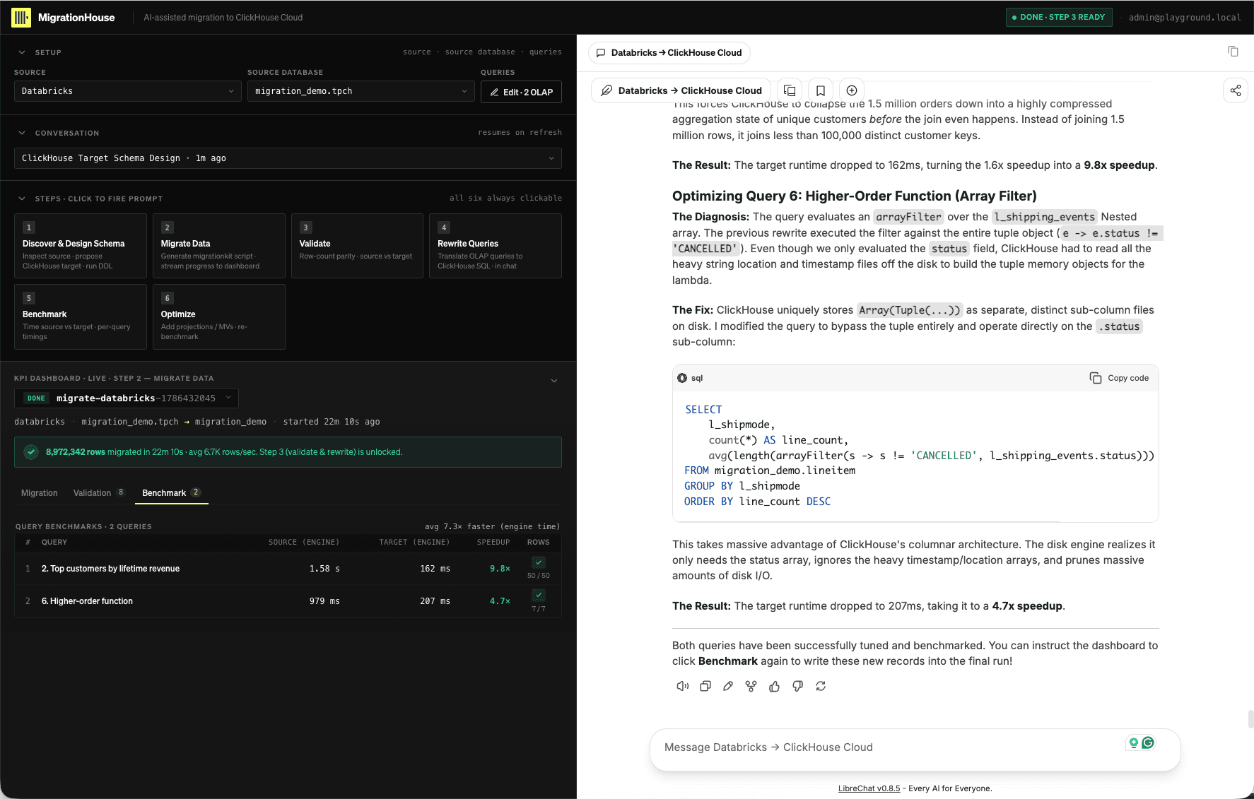MigrationRoom showing target-side results for pre-aggregation before Query 2's join and status-subcolumn pruning in Query 6, with matching row counts
